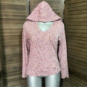 Hooded Long-Sleeve V-Neck Women's Top in Pink Swirl
